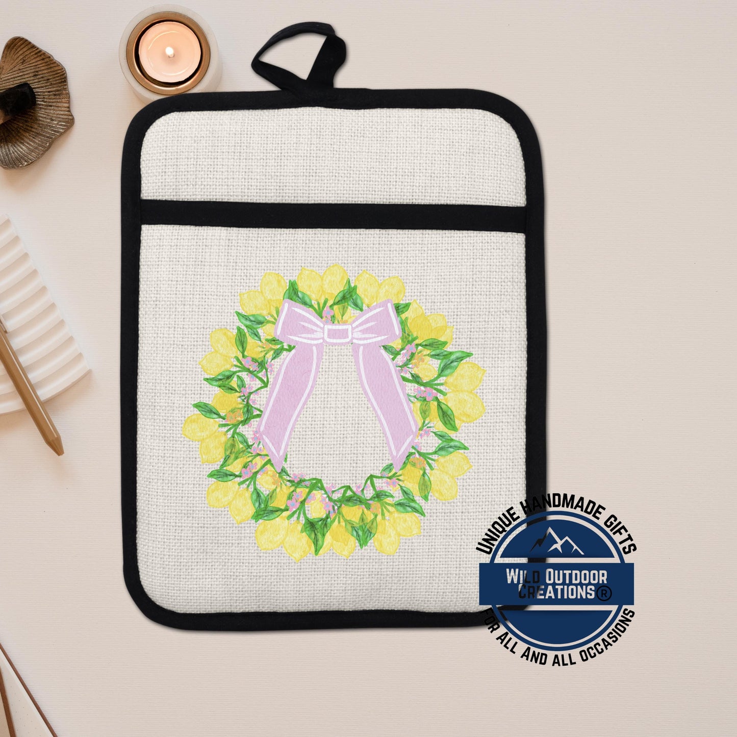 Lemon Wreath Pot Holder - Non Slip Potholder With Pocket | Floral Kitchen Gift - product dimensions and specifications