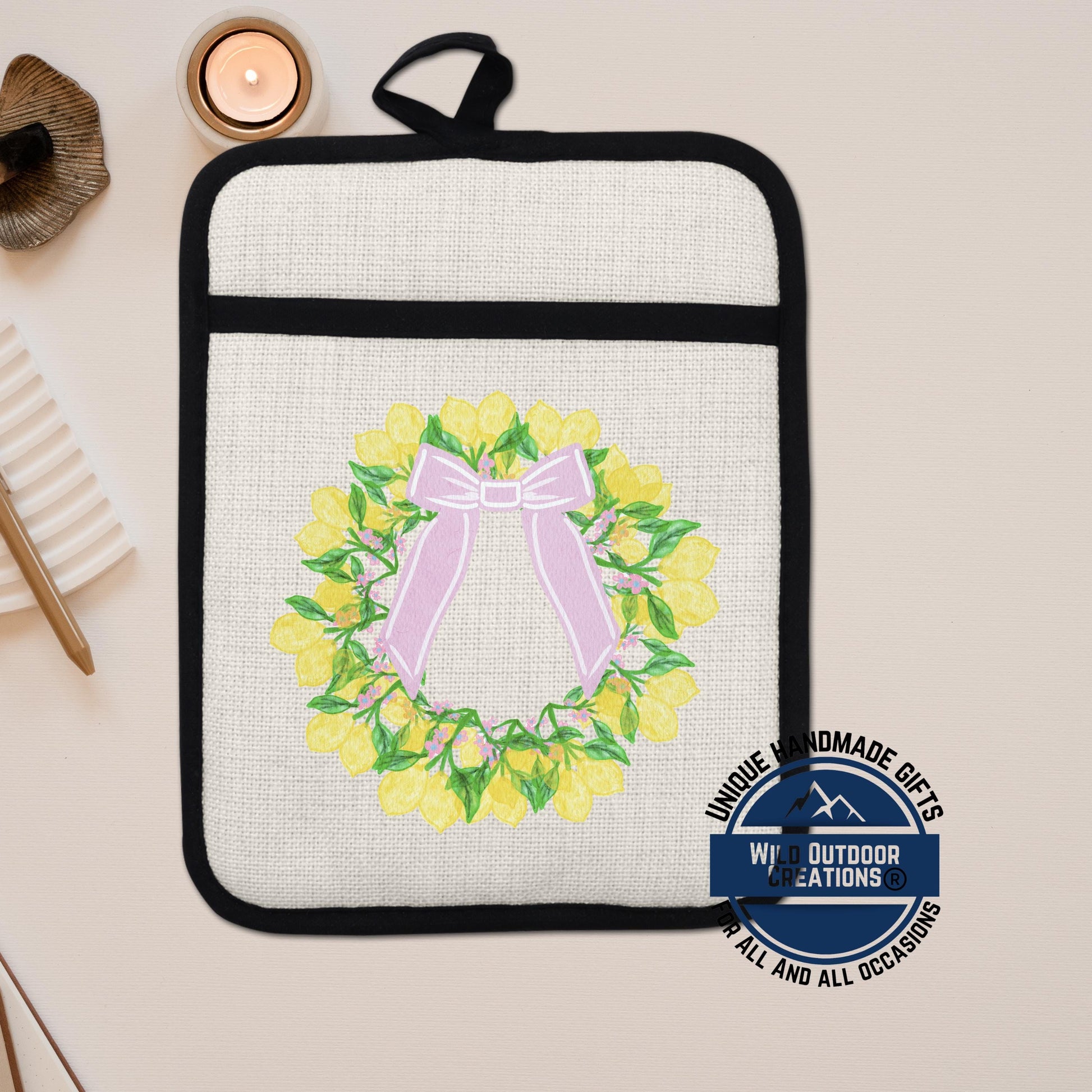 Lemon Wreath Pot Holder - Non Slip Potholder With Pocket | Floral Kitchen Gift - product dimensions and specifications