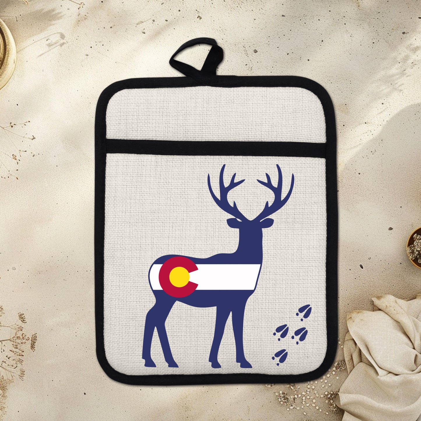 Colorado Deer Pot Holder - Linen Fabric, Silicone Back Trivet with Pocket Grip