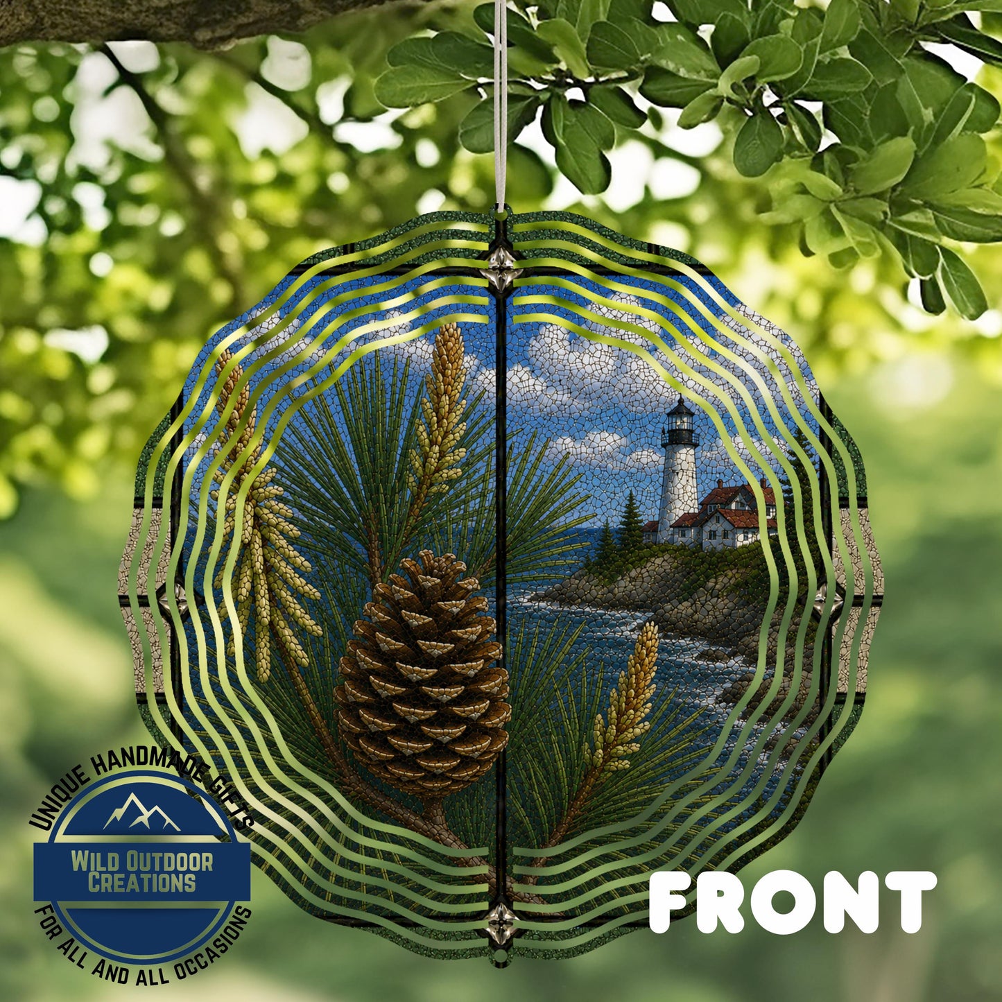 Pine Cone Garden Spinner – Handmade Aluminum Outdoor Wind Spinner with Coastal Lighthouse Design