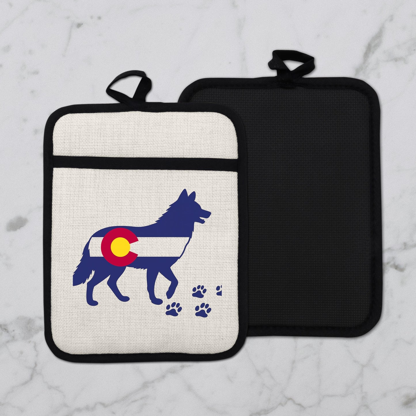 Colorado Wolf Pot Holder - Linen Front, Silicone Trivet, Heat Resistant Pad