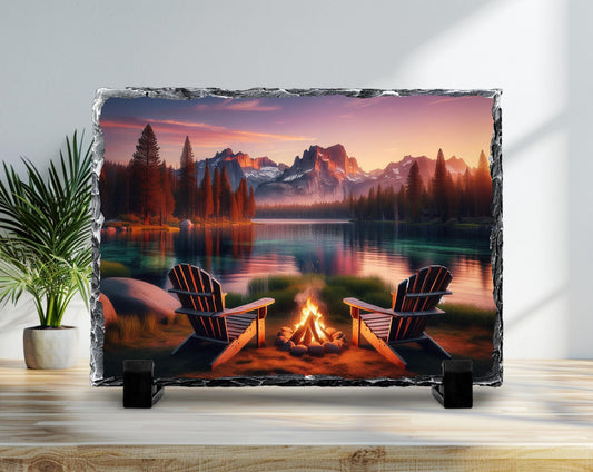 Lake House Decor Rustic Cabin Slate Art - Mountain Campfire Scene Plaque