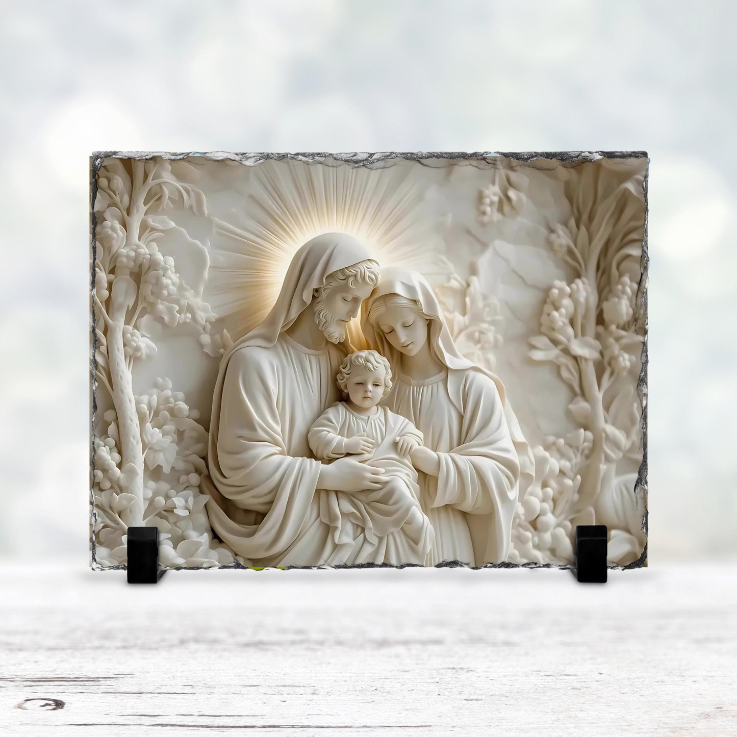 3D Slate Plaque of Joseph Jesus  Mary - Fractured Edges Decorative Religious Art