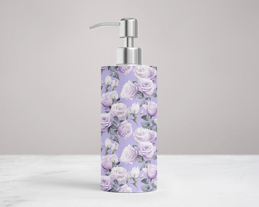 Stainless Steel Hand Soap or Lotion Pump Dispenser with Elegant Purple Roses - Unique Housewarming Gift for Her