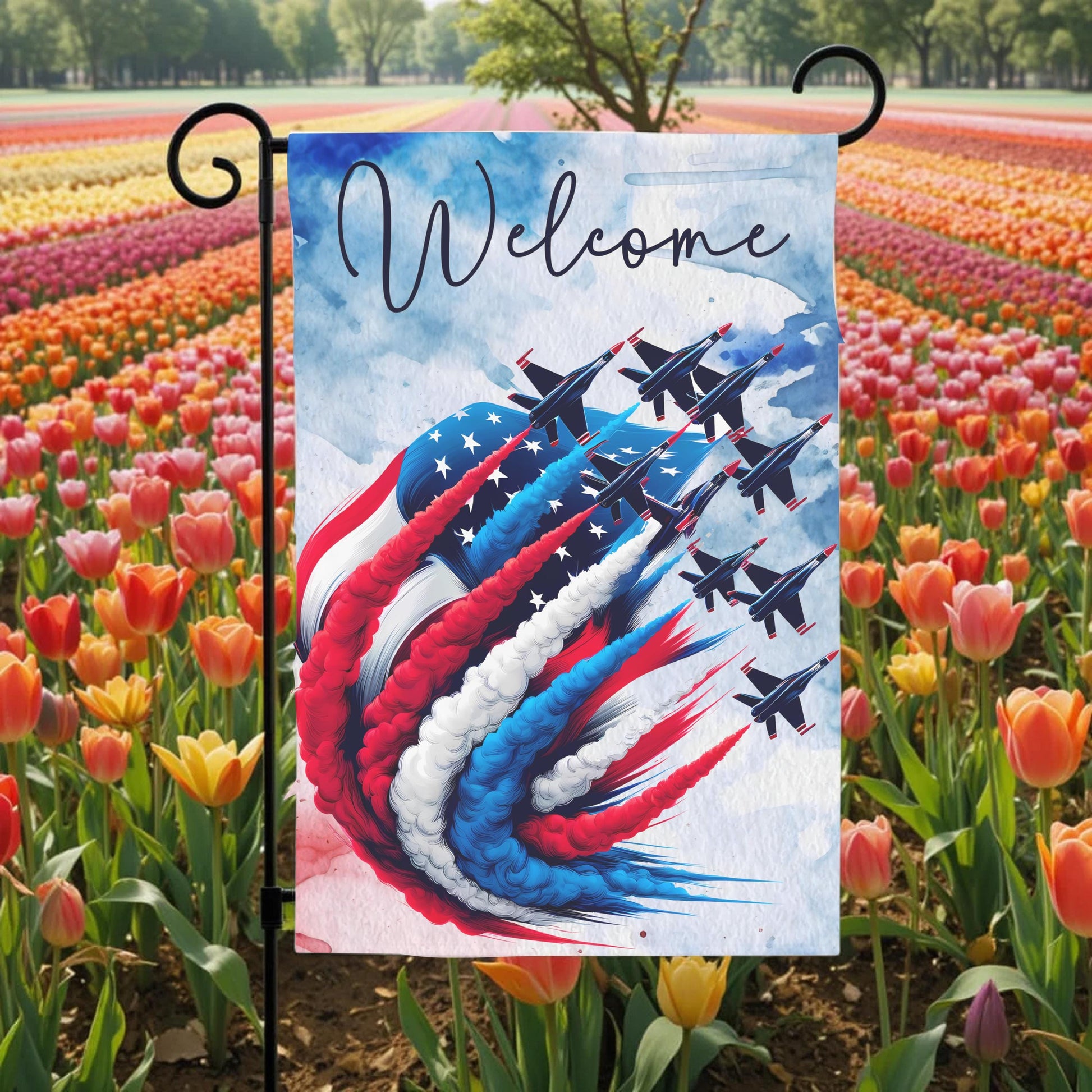 Patriotic Garden Flag - Double Sided 12x18 Red White Blue Fighter Jet Design - design detail