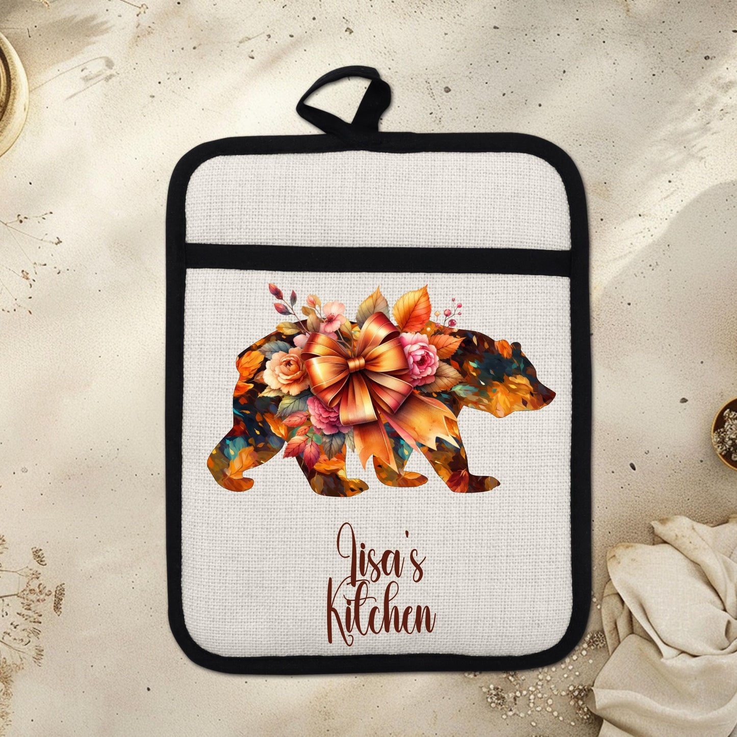 Personalized Autumn Bear Potholder with Pocket - 9x7 Non-Slip Silicone Baking Essential