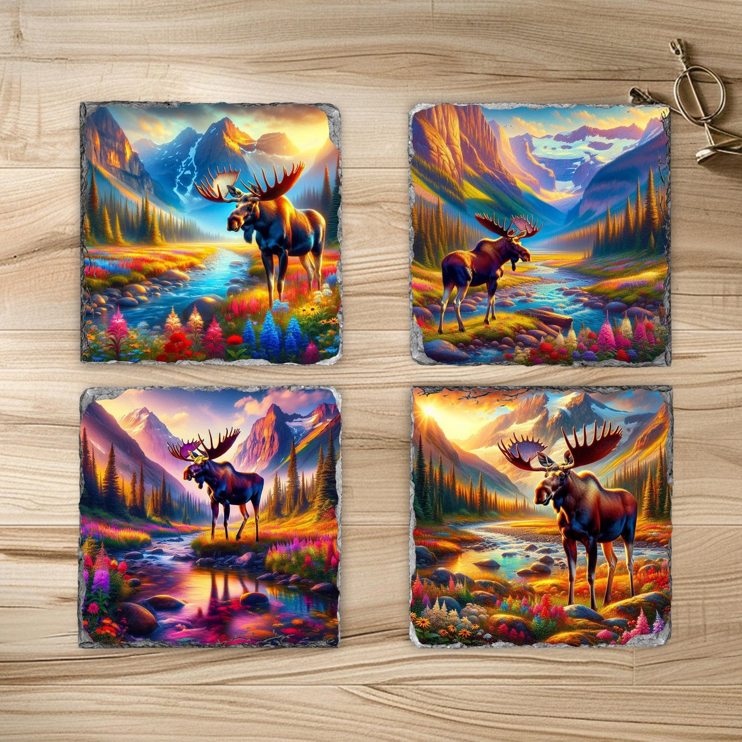 Vibrant Moose Slate Coaster Set with Wildflowers  Black Rack - Nature-Inspired Gift