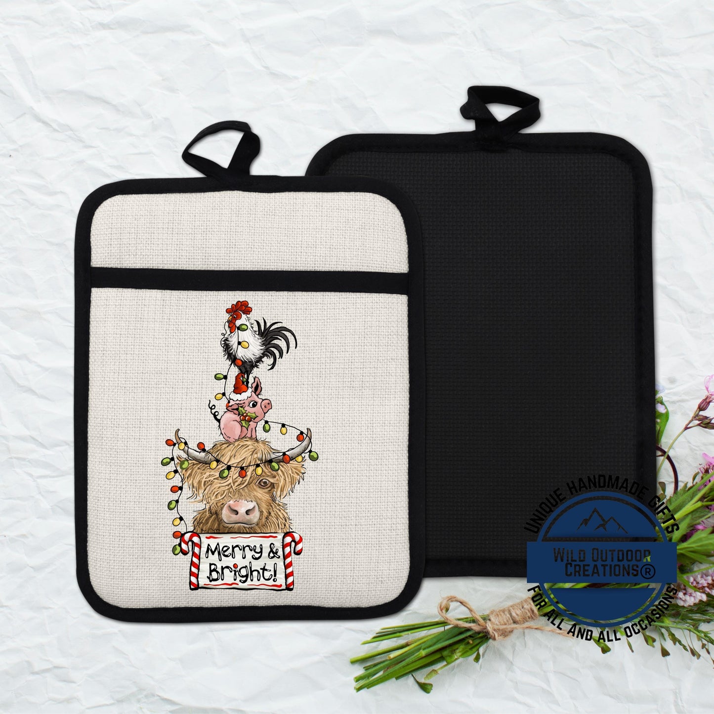 Highland Cow Pot Holder Linen Hot Pad Pig Rooster Merry Bright Kitchen Gift