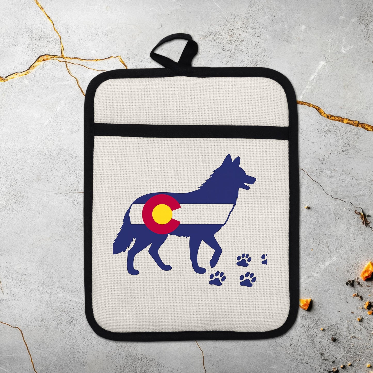 Colorado Wolf Pot Holder - Linen Front, Silicone Trivet, Heat Resistant Pad