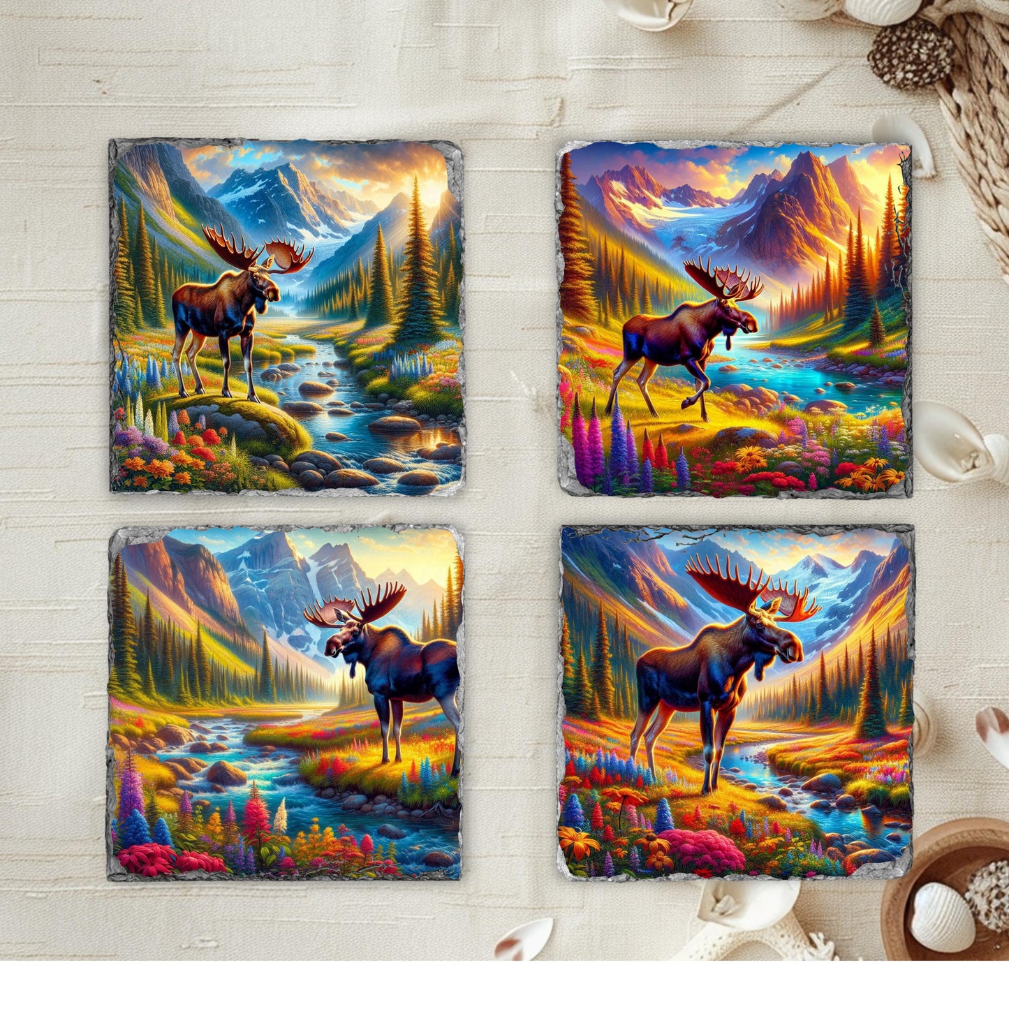Slate Coaster Set with Moose  Mountain Views - Fractured Edges Ideal Nature Lover Gift