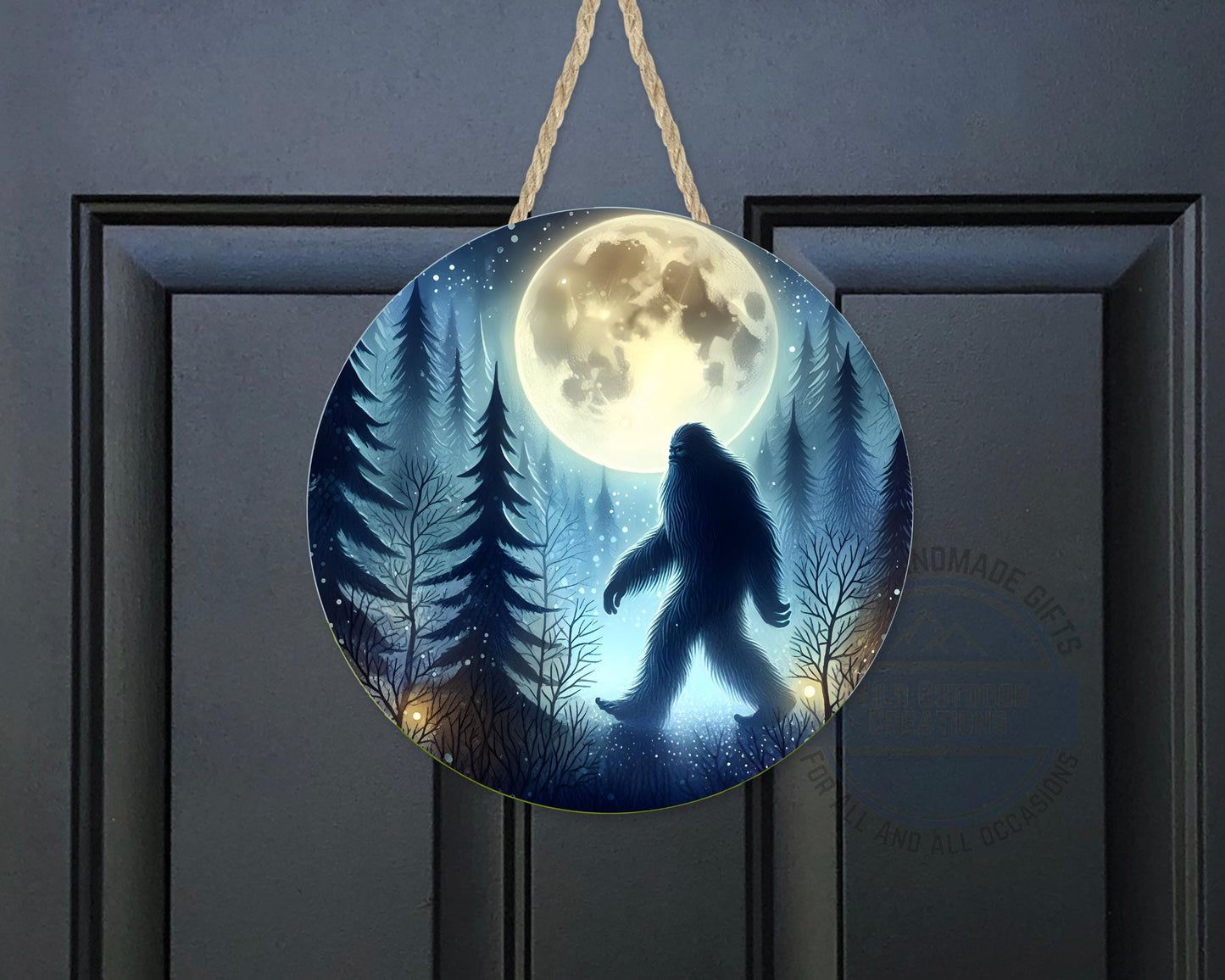 Bigfoot Door Hanger - Aluminum Round Porch Sign With Moonlit Forest Decor
