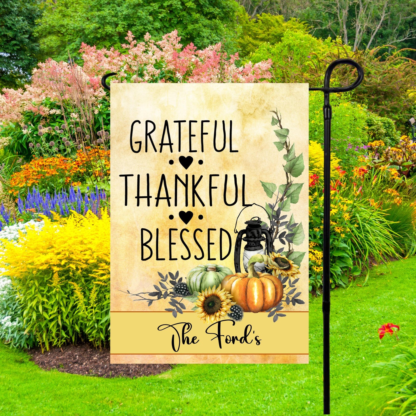 Personalized Fall Garden Flag - Grateful Thankful Blessed - Unique Housewarming Gift