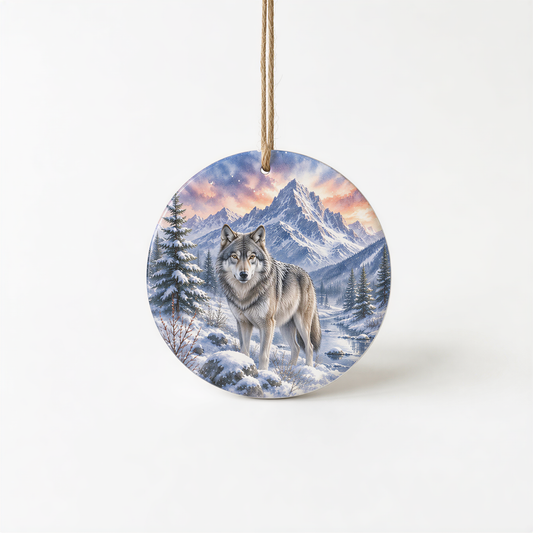 A round ornament featuring a gray wolf standing in a snowy mountain landscape with pine trees and a colorful sunset sky.