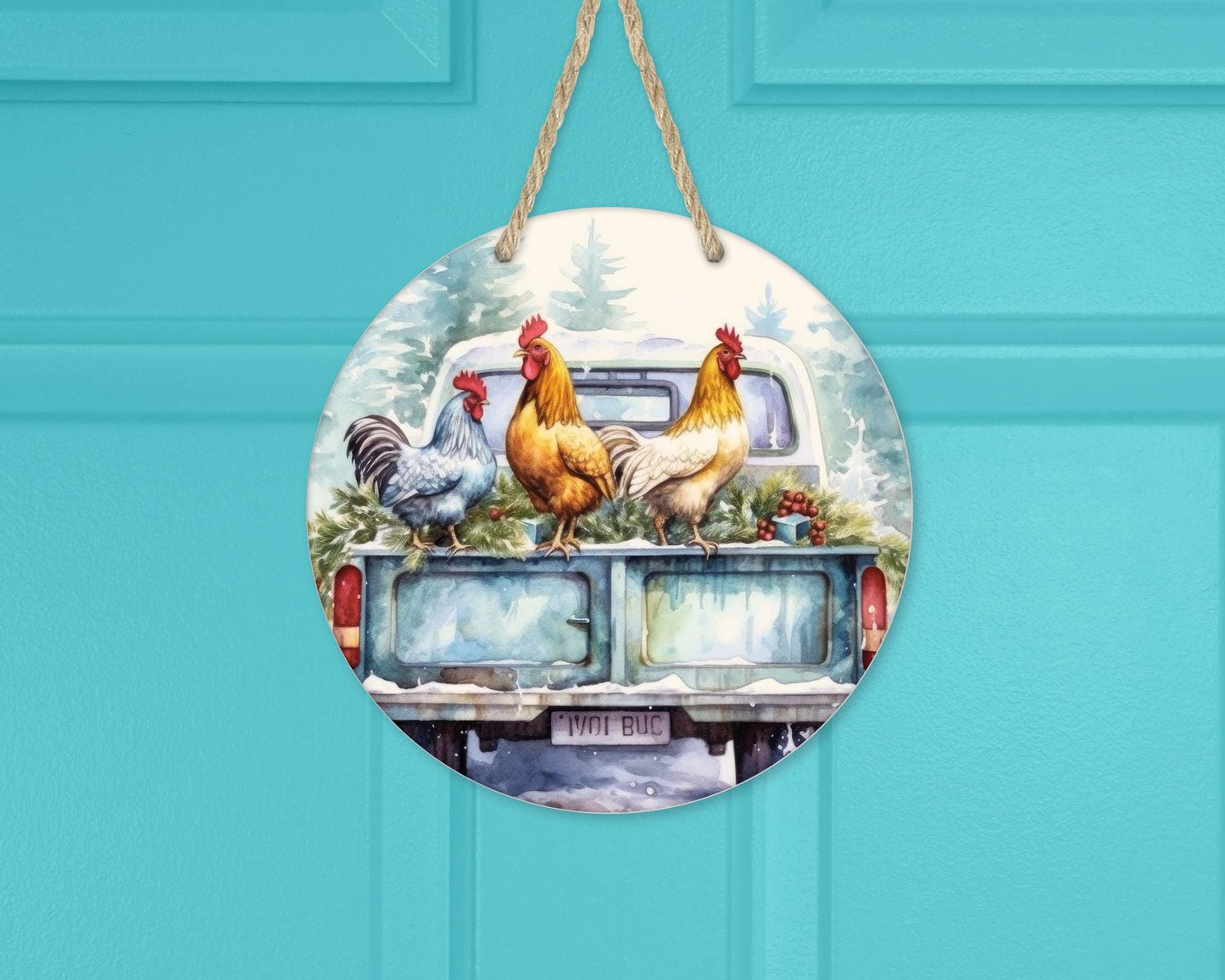 Colorful Farm Truck Door Wreath, Round Aluminum 10x10 Home Decor, Unique Gifts for Chicken Lover, Unique Wreath, Whimsical Decor, Farmhouse