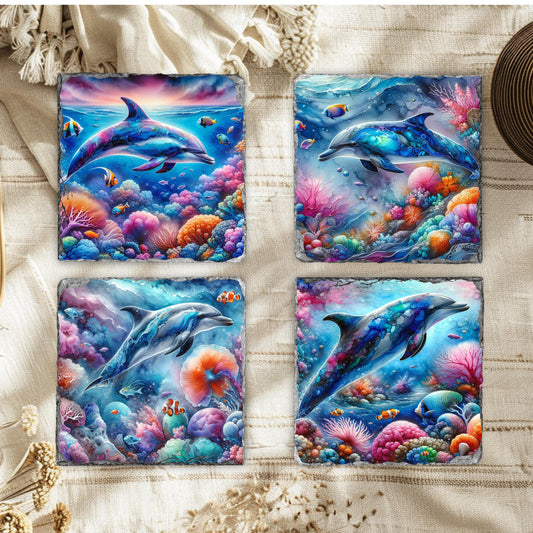Dolphin Slate Coaster Set with Rack - Ocean-Themed Drink Coasters for Beach House Decor  Gifts