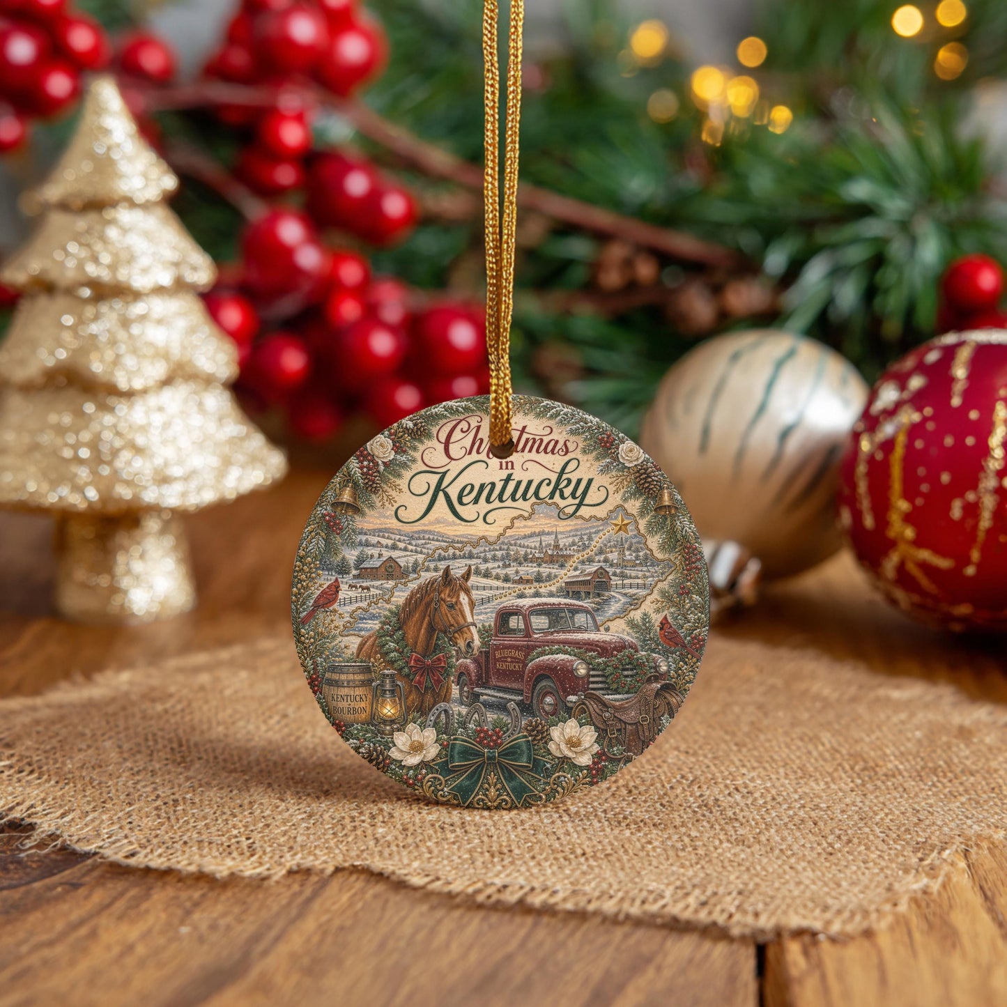 Kentucky Christmas Ornament, Bluegrass Horse Farm Ceramic Round