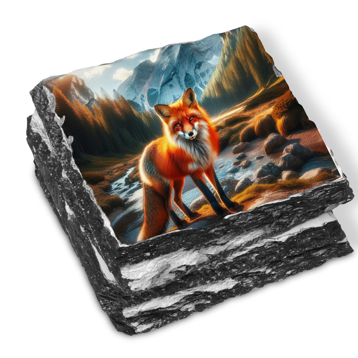 Handcrafted Natural Slate Coaster Set with Fox Mountain Scene  Black Rack - Perfect Gift for Wildlife Lovers