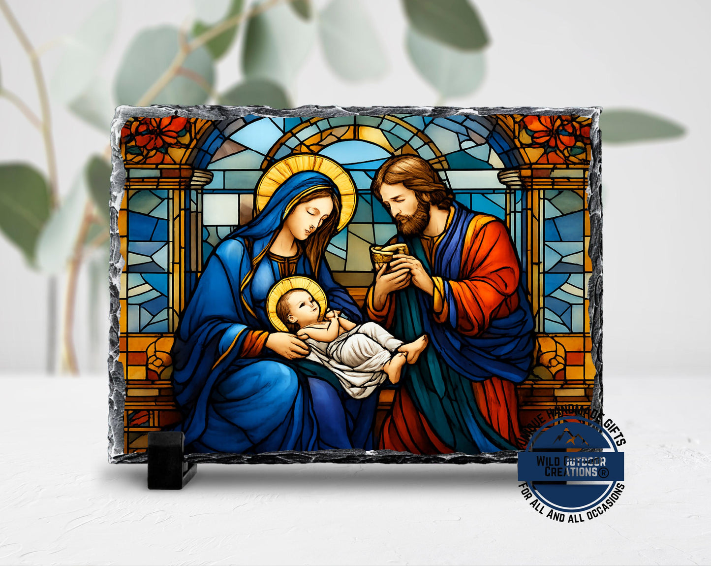 Holy Family Faux Stained Glass Slate Plaque, Mary Joseph Baby Jesus Religious Gift