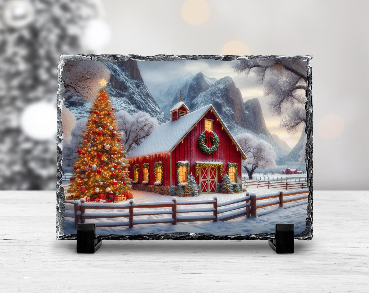 Rustic Slate Plaque with Christmas Barn Scene Tree  Wreath  Perfect Holiday Gift
