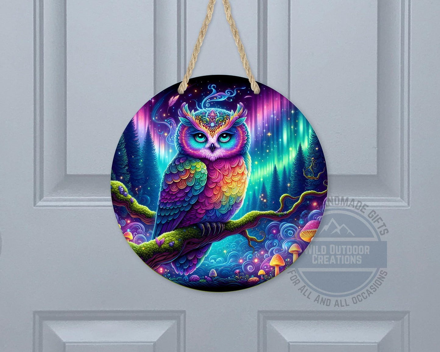 Rainbow Owl Wall Art – Psychedelic Forest Scene | Round Aluminum Sign With Fade Resistant Print