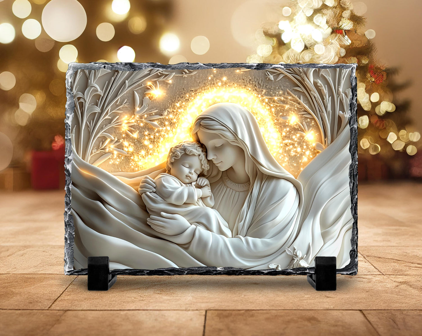 3D Mary and Baby Jesus Slate Plaque - with Fractured Edges  Gold Accents
