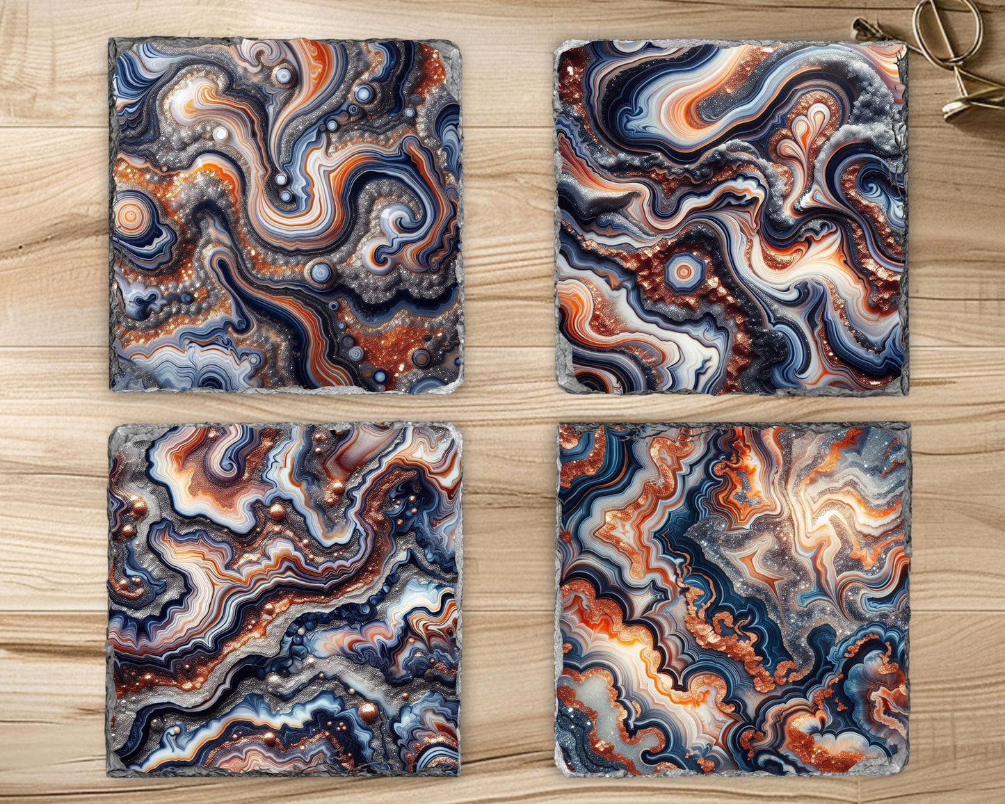 Blue Orange Silver Glitter Agate Coaster Set of 4 - Fractured Edge Boho Drinkware for Housewarming Gifts
