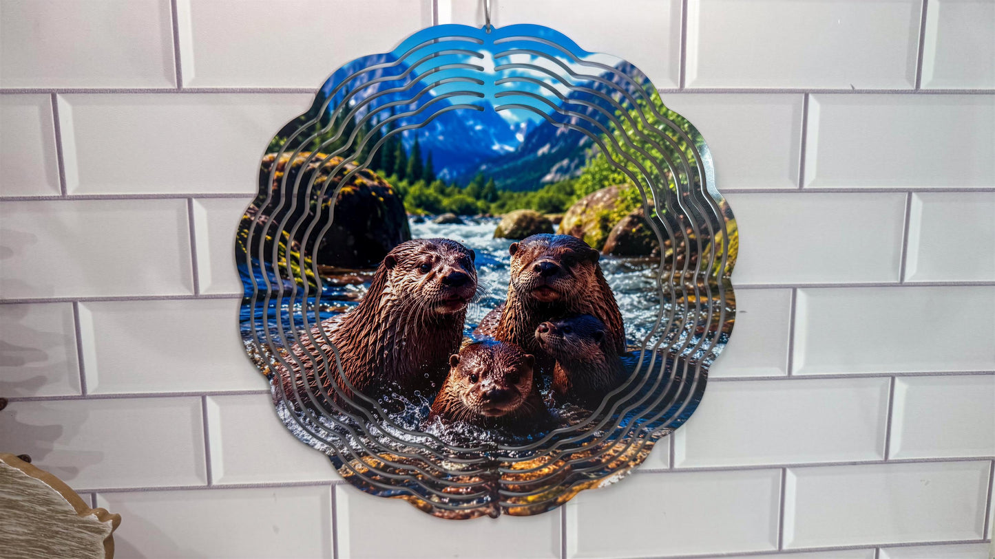 Family Otter 10 Inch Wind Spinner, Wildlife Porch Decor - 360 Swivel | Indoor Outdoor Accent