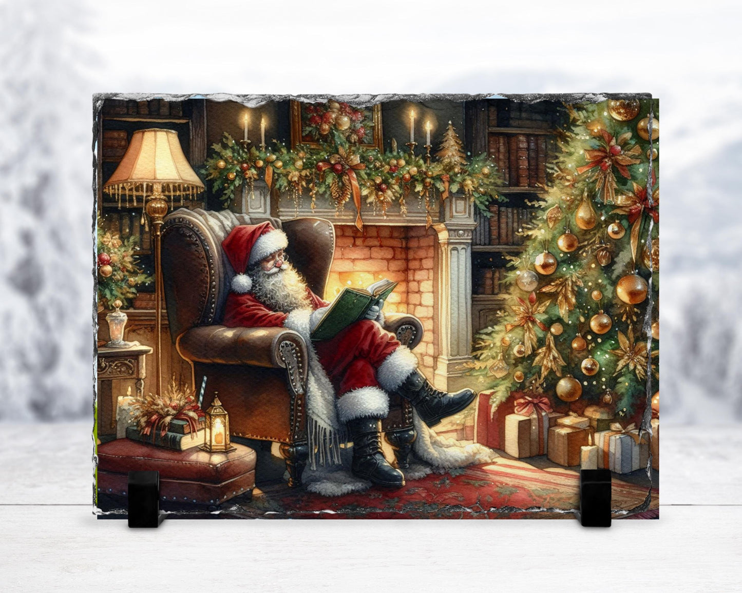 Cozy Santa Reading Slate with Fireplace  Tree - Charming Christmas Mantle Accent