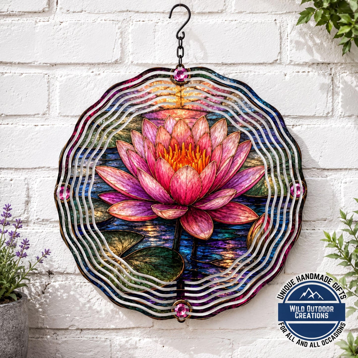 July Birth Flower Water Lily Wind Spinner 10 Inch Faux Stained Glass Metal Garden Decor