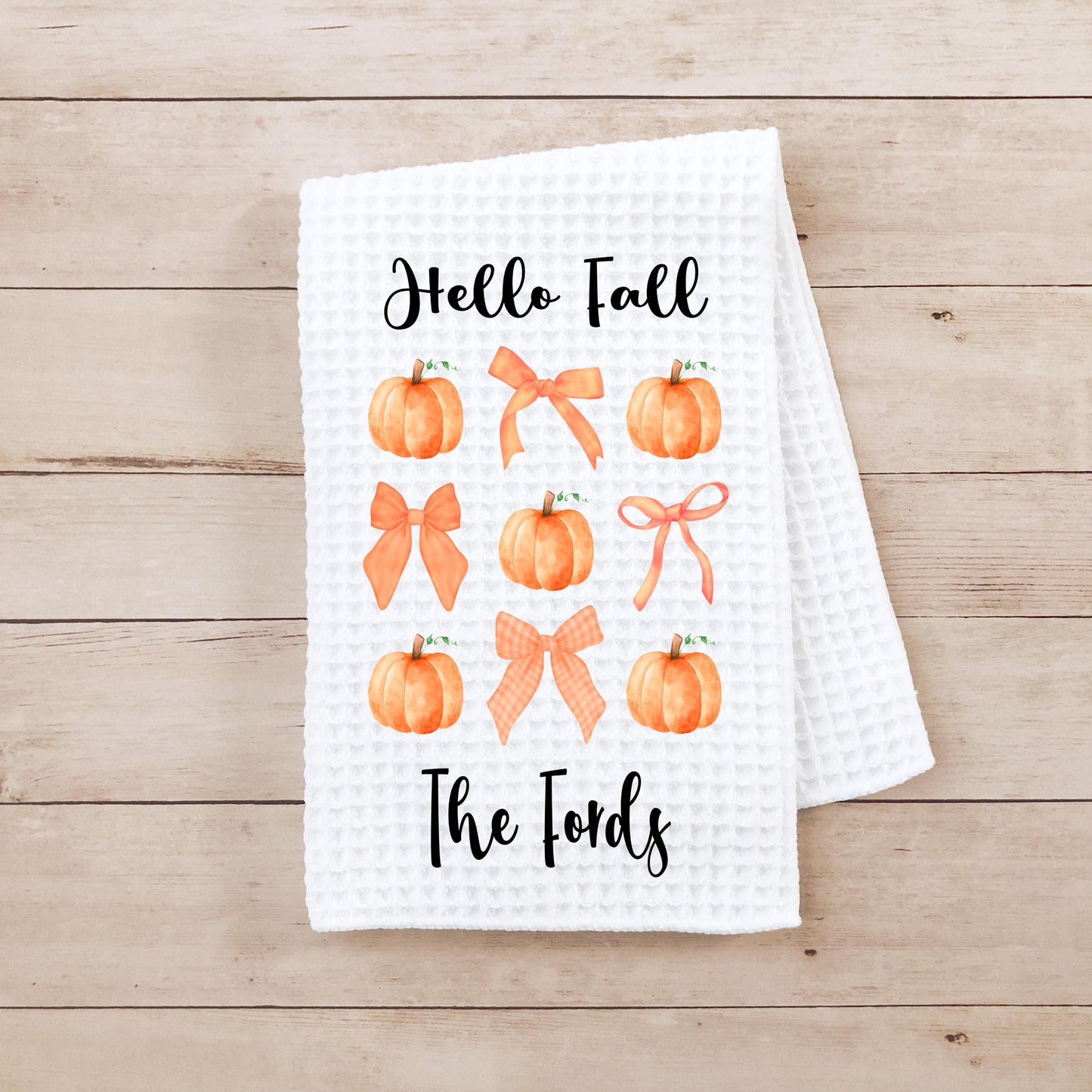 Personalized Hello Fall Waffle Weave Towel, Autumn Waffle Weave Towel, Unique Hostess Gift, Custom Kitchen Decor, Fall Theme Towel