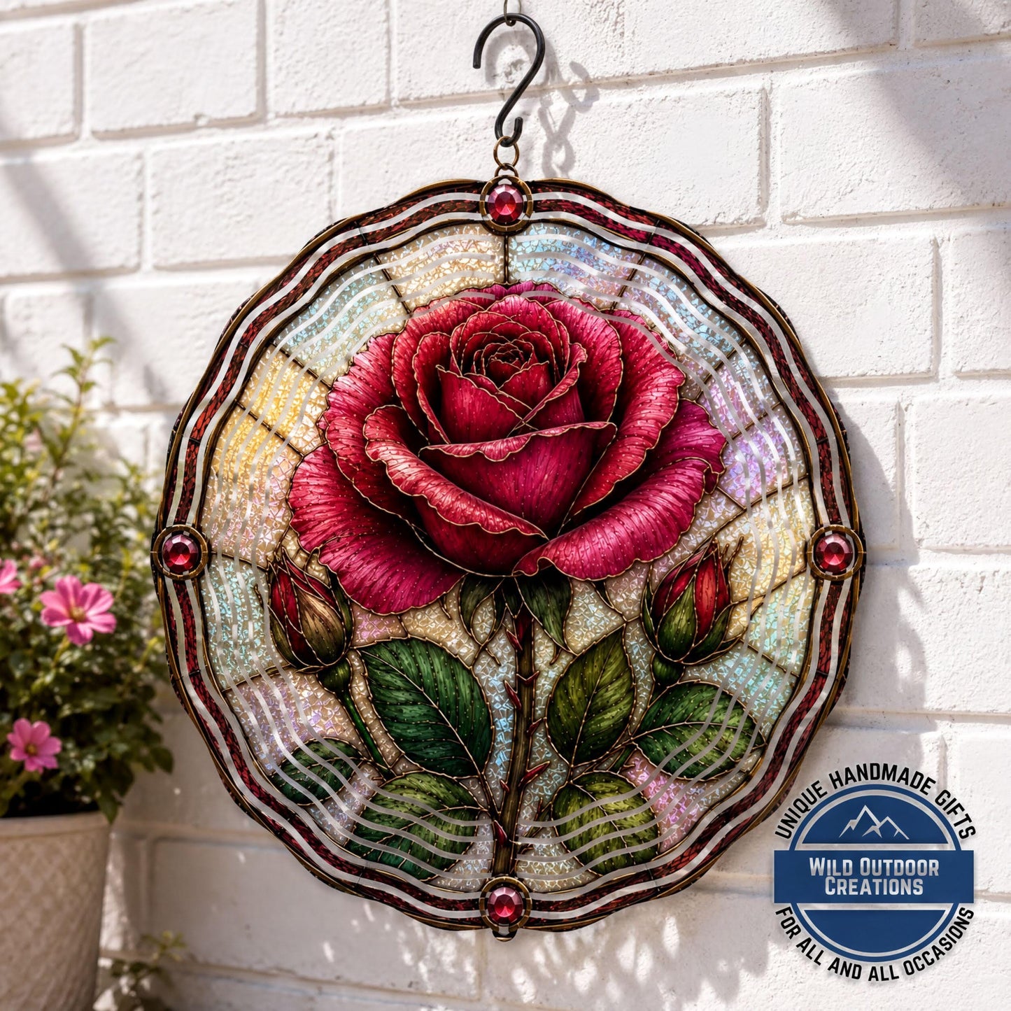 June Birth Flower Rose Wind Spinner 10 Inch Faux Stained Glass Metal Garden Decor