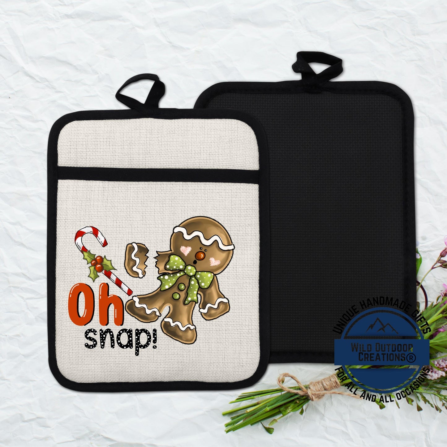 Gingerbread Pot Holder Linen Hot Pad Oh Snap Funny Christmas Kitchen Gift Decor