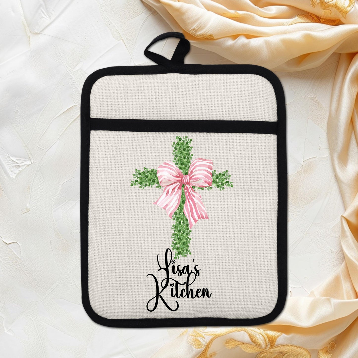 Personalized Cross Pot Holder – Pink Floral Cross, Custom Name Kitchen Gift - detail view