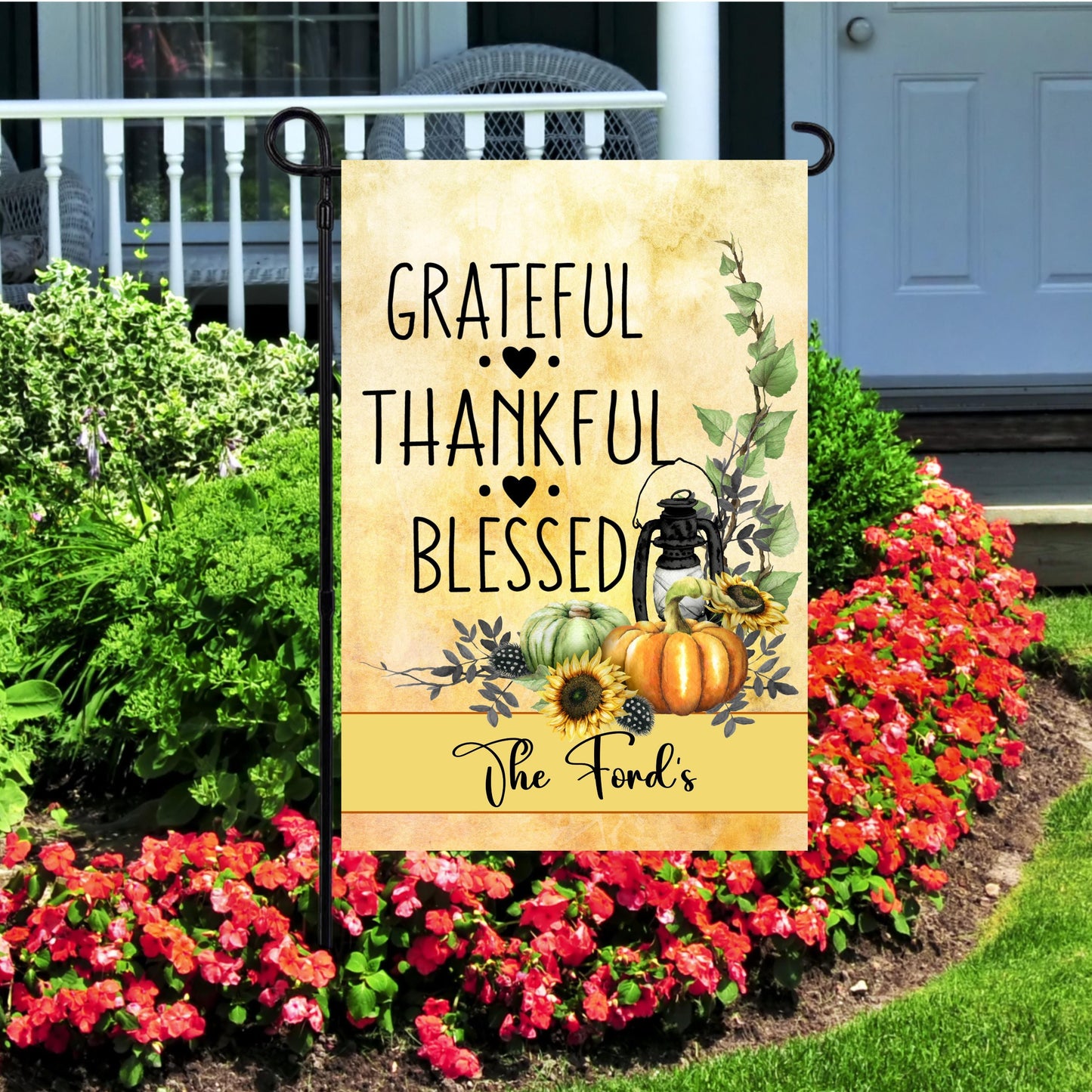 Personalized Fall Garden Flag - Grateful Thankful Blessed - Unique Housewarming Gift