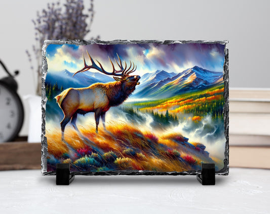 Bugling Elk Slate Plaque - Fall Morning Fog Mountain Valley Wildlife Art for Rustic Cabin Decor