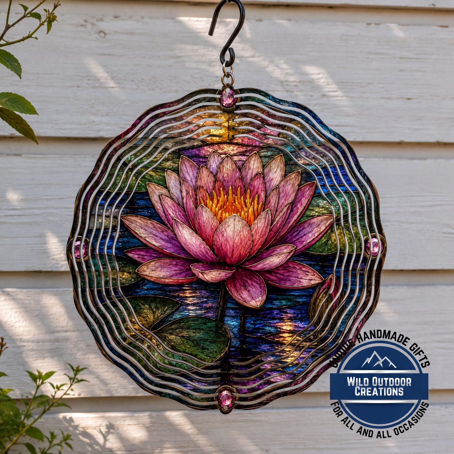 July Birth Flower Water Lily Wind Spinner 10 Inch Faux Stained Glass Metal Garden Decor