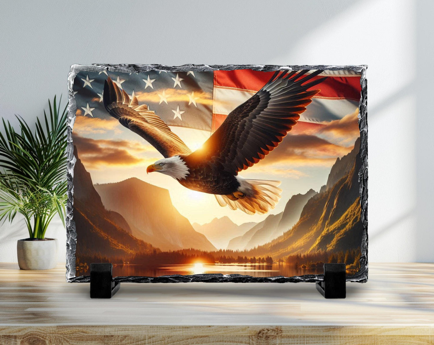 Patriotic Slate Sign - Bald Eagle Decor with American Flag Art, Rustic Slate Sign