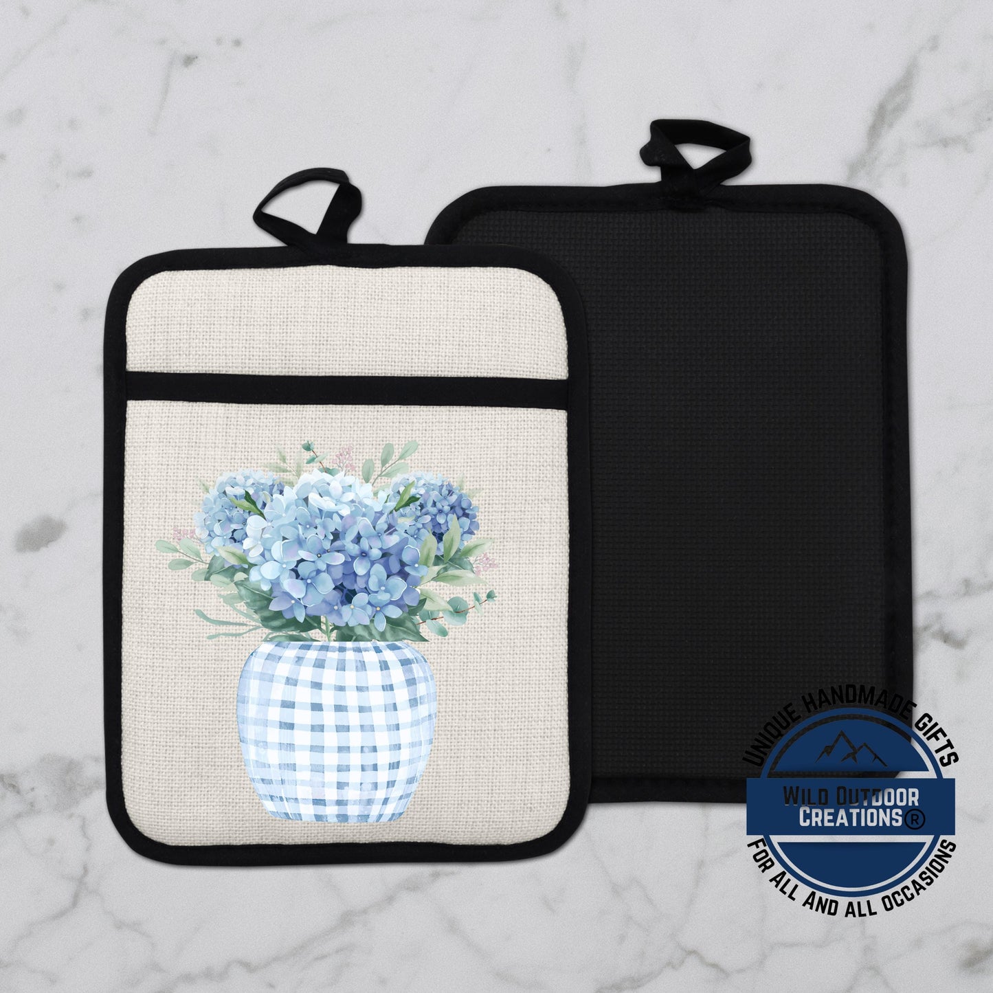 Blue Hydrangea Pot Holder – Floral Kitchen Accessory with Non Slip Silicone Back - alternate view