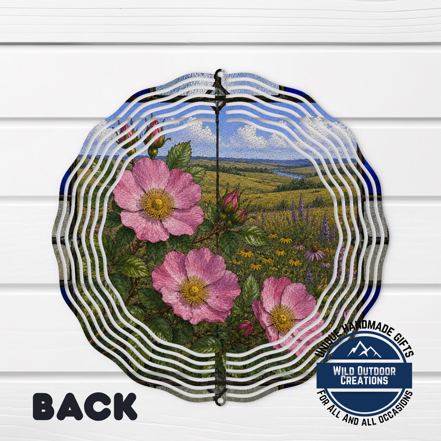 Wild Prairie Rose Wind Spinner Iowa State Flower Stained Glass Garden Aluminum Decor