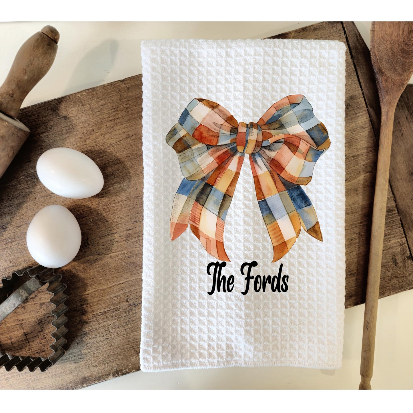 Personalized Fall Gingham Bow Waffle Weave Towel, Custom Kitchen Decor, Unique Gift for Her, Hostess Gift, Autumn Gingham Bow Towel