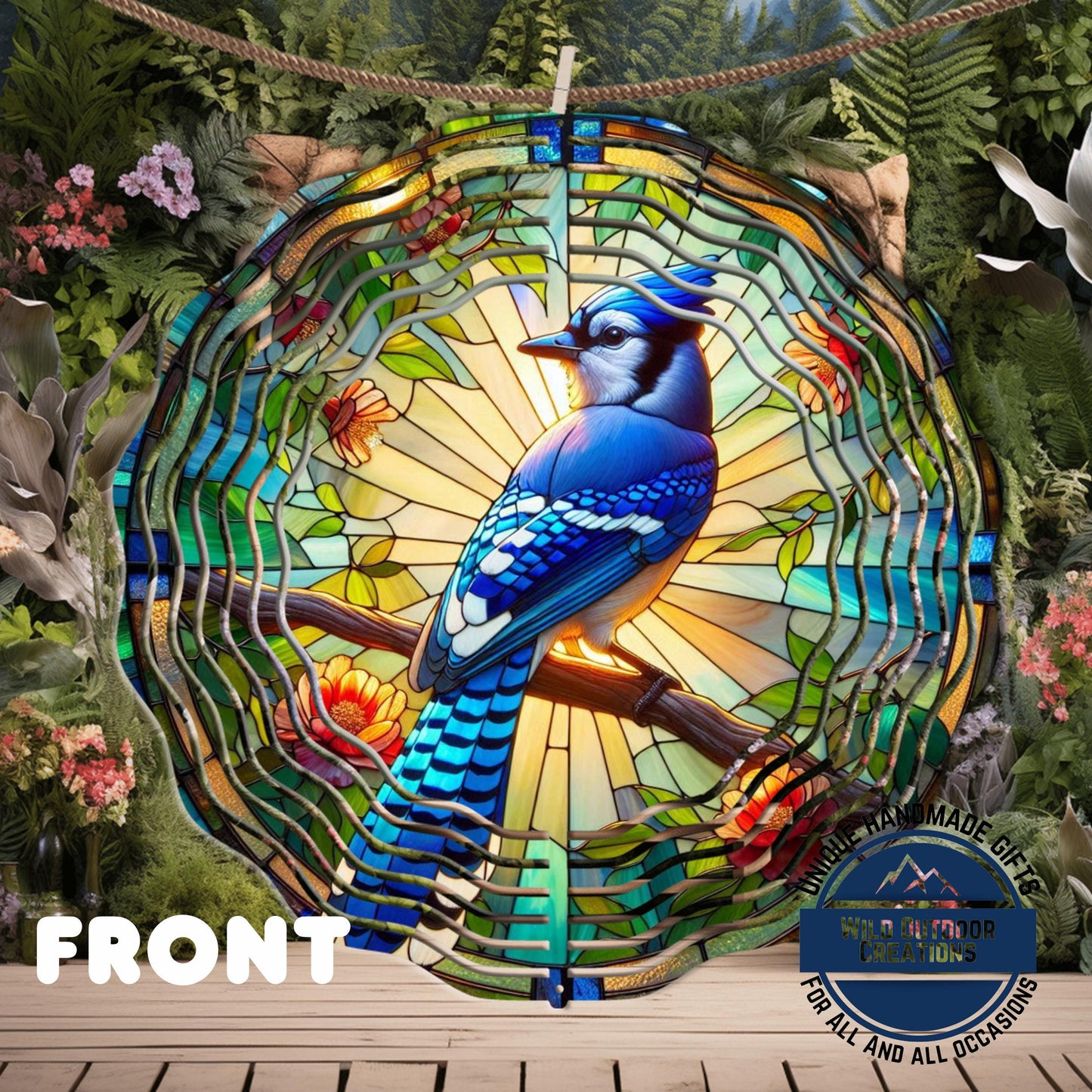 Blue Jay Wind Spinner – 10 Inch Aluminum Garden Spinner with Faux Stained Glass Decor