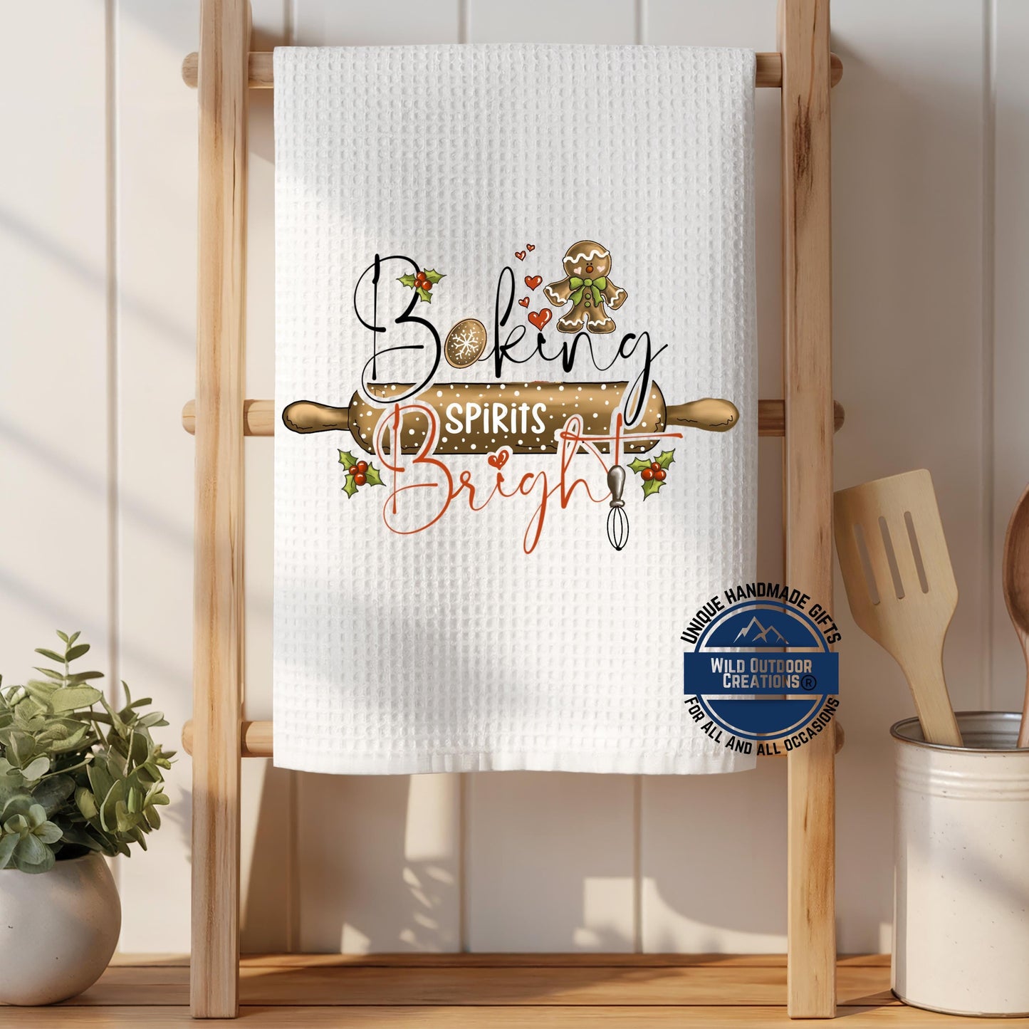 Baking Spirits Bright Christmas Kitchen Towel Gingerbread Waffle Weave Holiday Baker Decor Gift