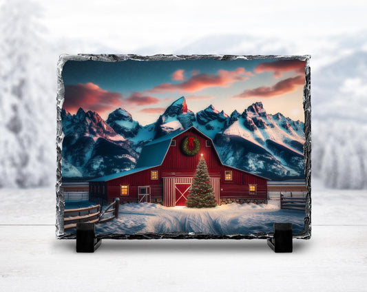 Christmas Slate Sign with Red Barn  Mountain Scene - Fractured Edge Holiday Décor Gift