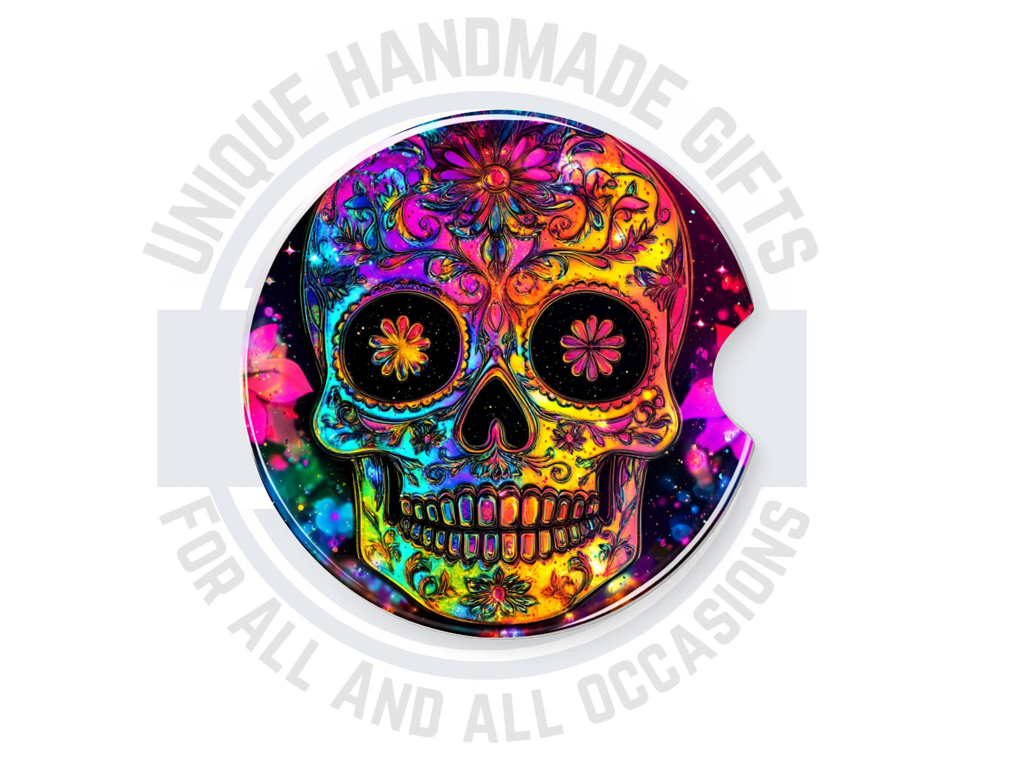 Rainbow Sugar Skull Car Coaster - Stylish Sandstone Cup Holder Mat for Vehicle Decor