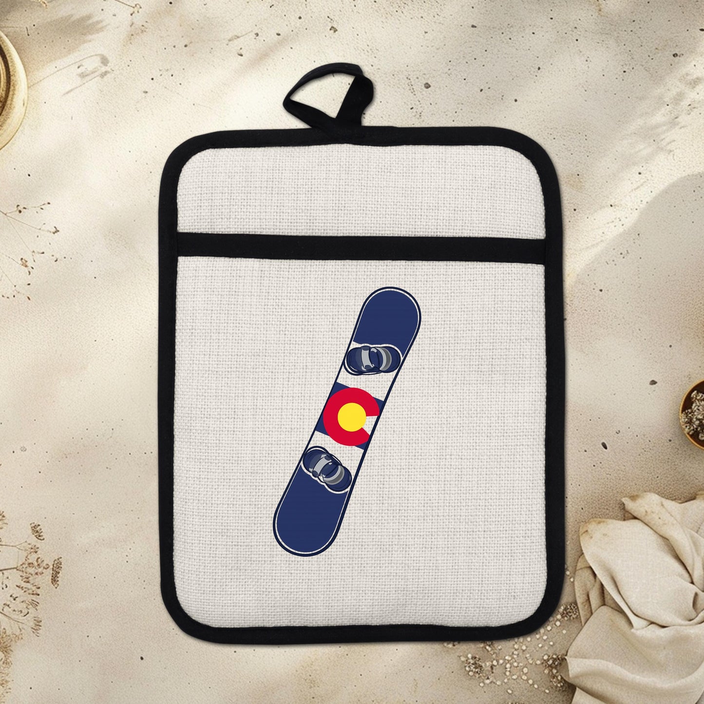 Snowboard Pot Holder - Colorado Flag Design | Linen Fabric & Silicone Backing Pad Trivet