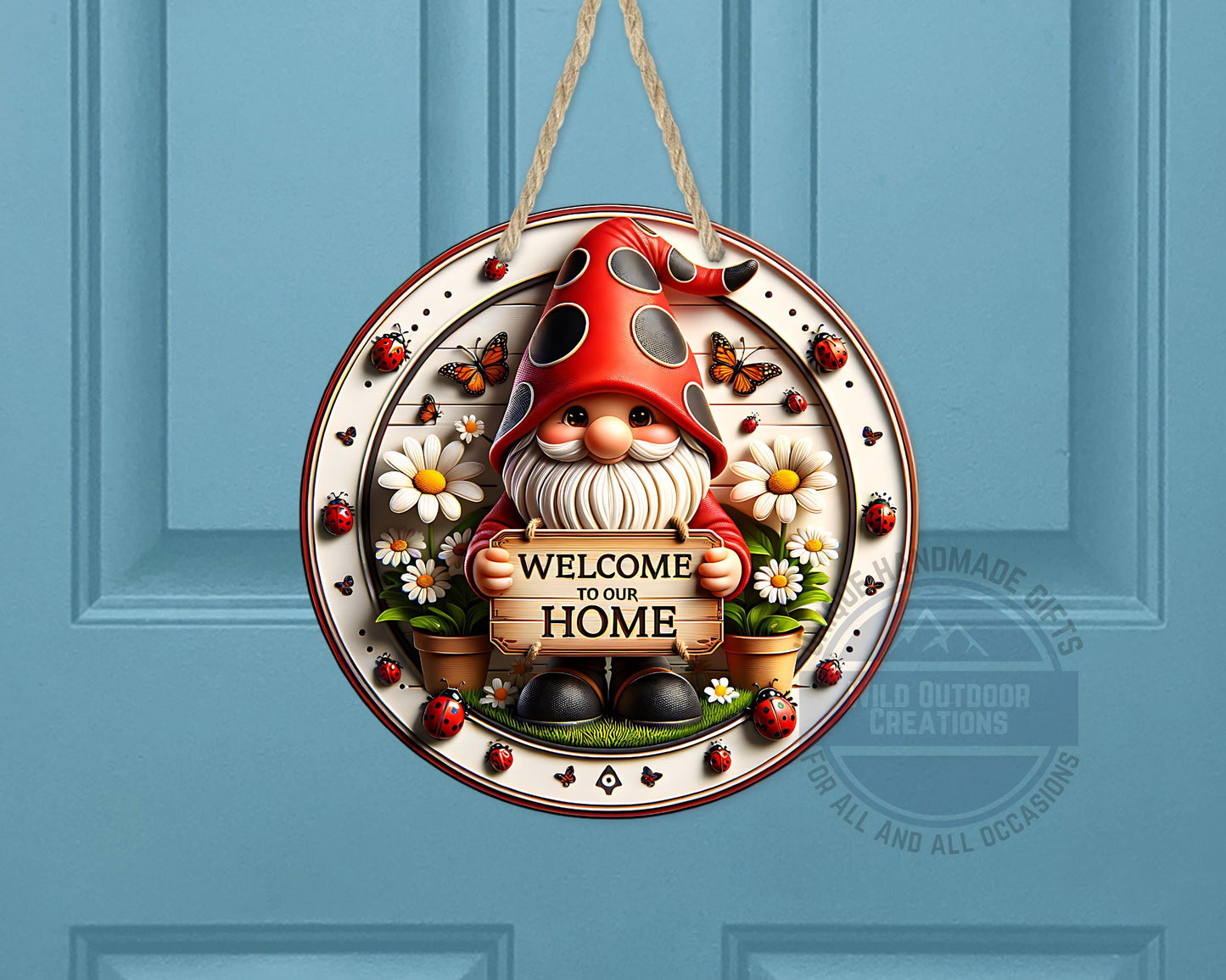 Welcome Gnome Door Hanger - Red Hat Gnome with Daisy & Ladybug Accents