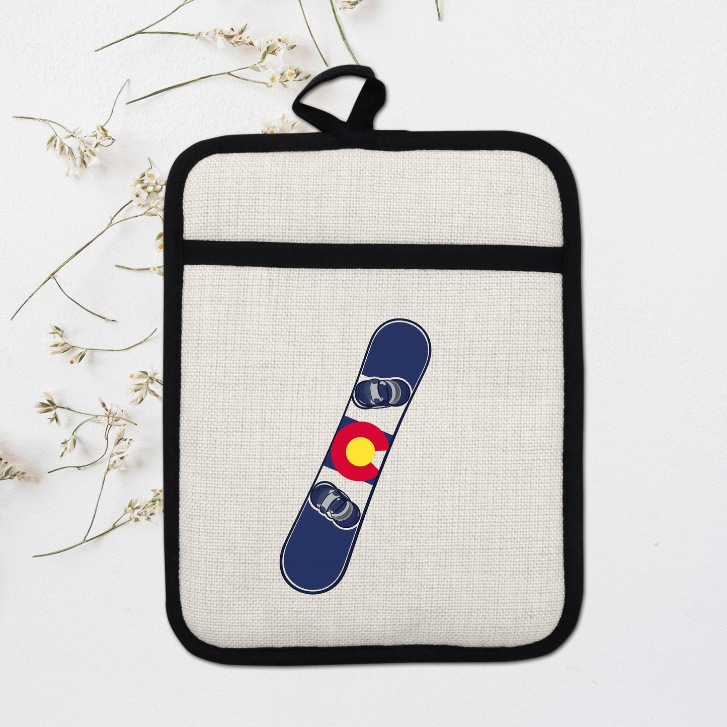 Snowboard Pot Holder - Colorado Flag Design | Linen Fabric & Silicone Backing Pad Trivet