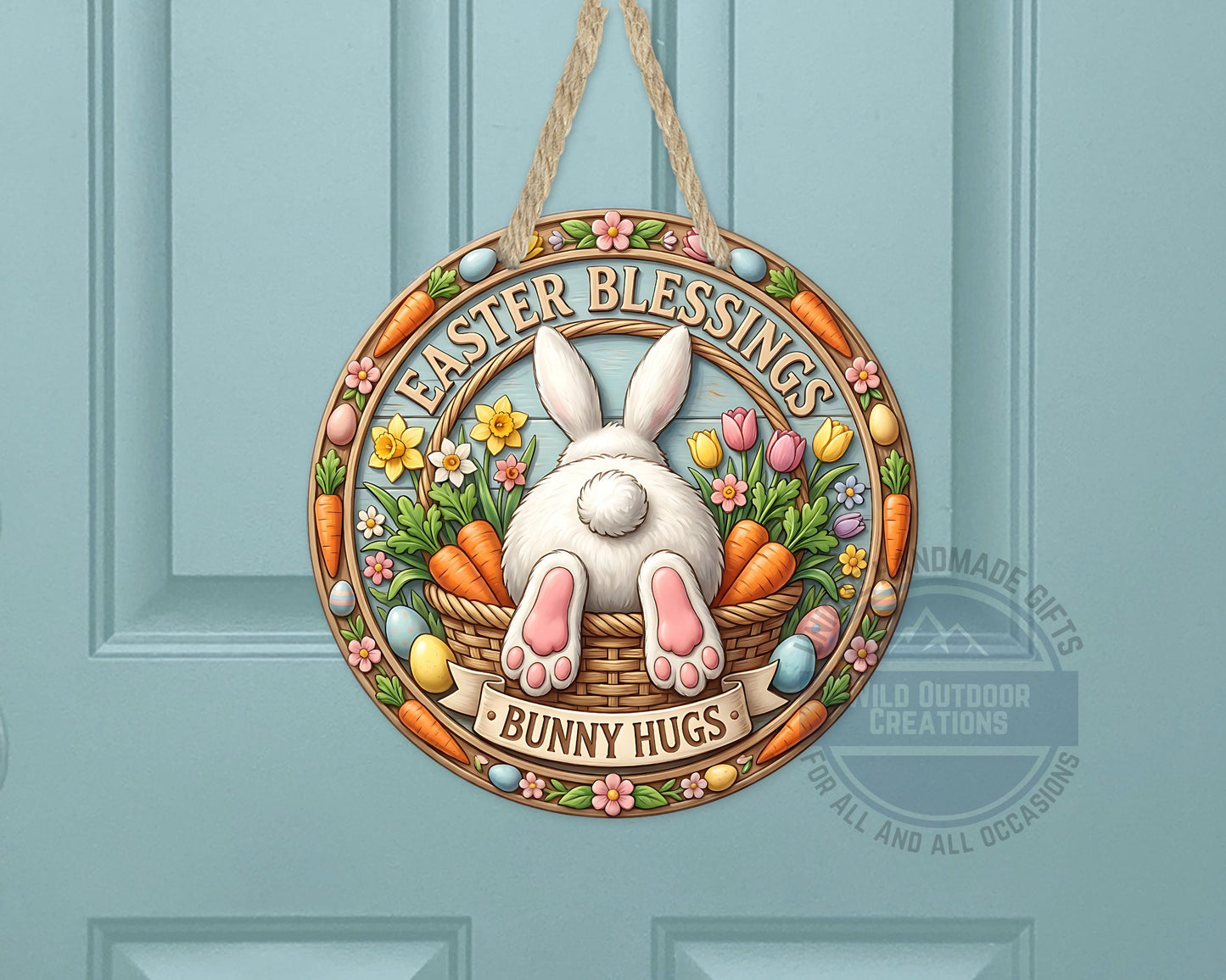 Easter Door Hanger - Round Aluminum Bunny Hugs Sign | Spring Porch Decor - detail view