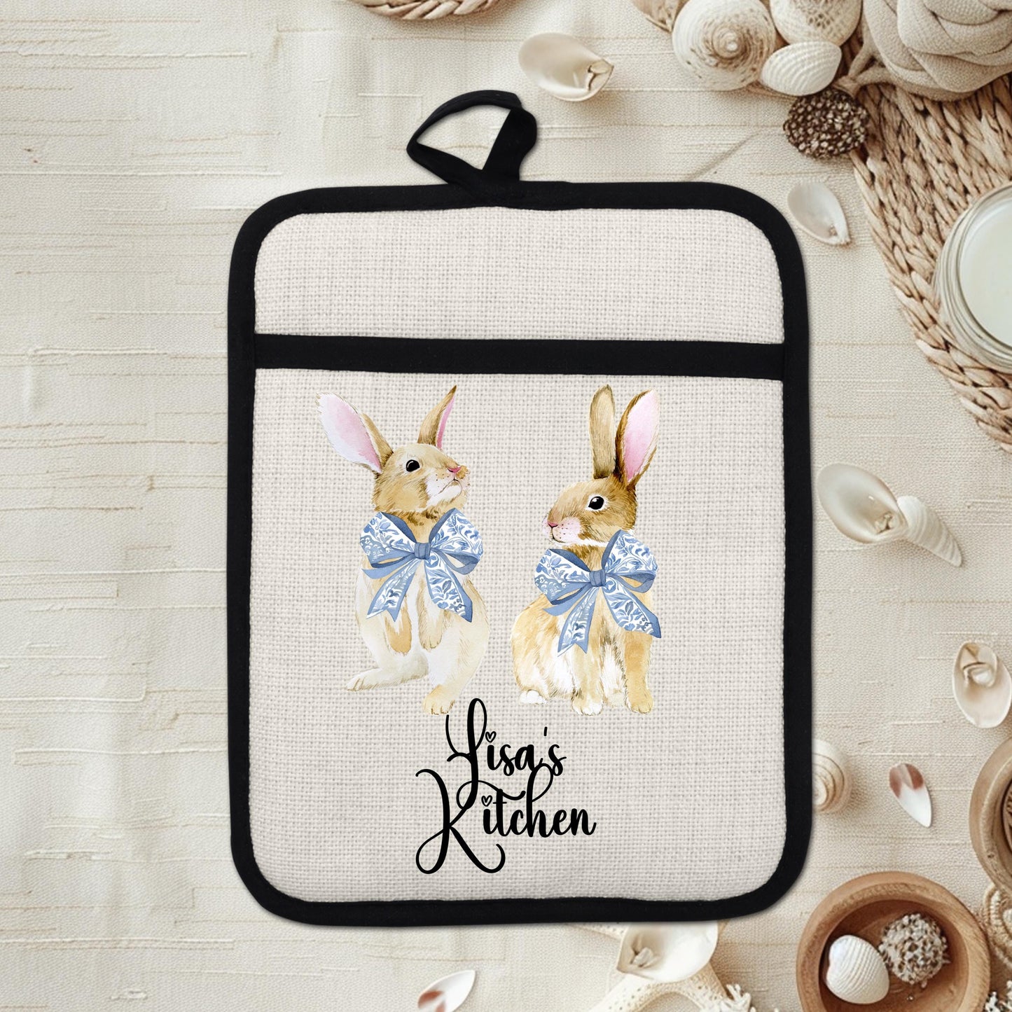 Personalized Easter Pot Holder - Custom Bunny Kitchen Gift with Chinoiserie Blue Design - product dimensions and specifica...