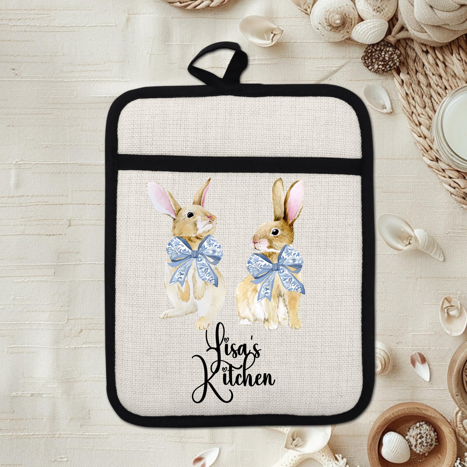 Personalized Easter Pot Holder - Custom Bunny Kitchen Gift with Chinoiserie Blue Design - product dimensions and specifica...